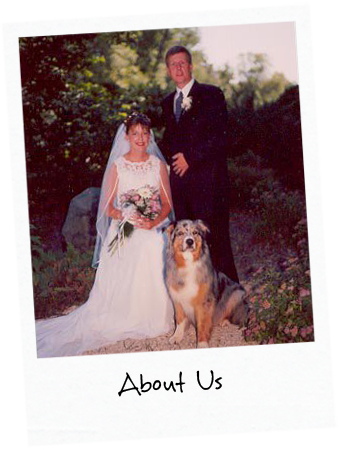 Wedding picture of Shawna, husband and shepherd with title: About Us
